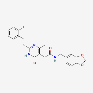 molecular formula C22H20FN3O4S B2427867 N-(benzo[d][1,3]dioxol-5-ylmethyl)-2-(2-((2-fluorobenzyl)thio)-4-methyl-6-oxo-1,6-dihydropyrimidin-5-yl)acetamide CAS No. 1105200-68-7
