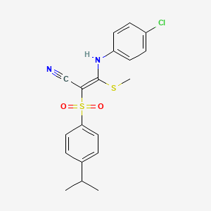 molecular formula C19H19ClN2O2S2 B2428030 (2Z)-3-[(4-chlorophenyl)amino]-3-(methylsulfanyl)-2-[4-(propan-2-yl)benzenesulfonyl]prop-2-enenitrile CAS No. 1025318-25-5
