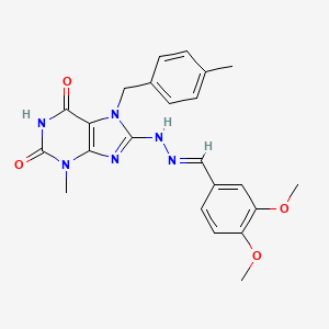 molecular formula C23H24N6O4 B2428073 (E)-8-(2-(3,4-dimethoxybenzylidene)hydrazinyl)-3-methyl-7-(4-methylbenzyl)-1H-purine-2,6(3H,7H)-dione CAS No. 303970-26-5