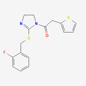 molecular formula C16H15FN2OS2 B2428093 1-(2-((2-fluorobenzyl)thio)-4,5-dihydro-1H-imidazol-1-yl)-2-(thiophen-2-yl)ethanone CAS No. 851807-18-6