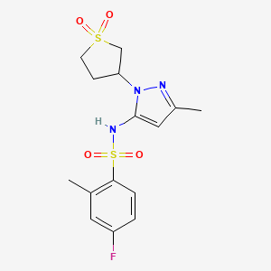 molecular formula C15H18FN3O4S2 B2428177 N-(1-(1,1-dioxidotetrahydrothiophen-3-yl)-3-methyl-1H-pyrazol-5-yl)-4-fluoro-2-methylbenzenesulfonamide CAS No. 1172244-96-0