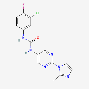 molecular formula C15H12ClFN6O B2428258 1-(3-chloro-4-fluorophenyl)-3-(2-(2-methyl-1H-imidazol-1-yl)pyrimidin-5-yl)urea CAS No. 1396628-70-8