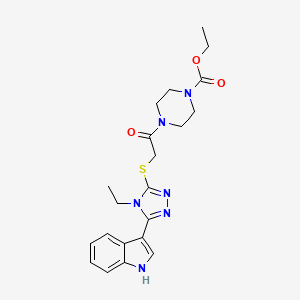 molecular formula C21H26N6O3S B2428299 ethyl 4-(2-((4-ethyl-5-(1H-indol-3-yl)-4H-1,2,4-triazol-3-yl)thio)acetyl)piperazine-1-carboxylate CAS No. 852143-59-0