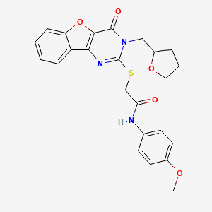 molecular formula C24H23N3O5S B2428342 N-(4-methoxyphenyl)-2-{[4-oxo-3-(tetrahydrofuran-2-ylmethyl)-3,4-dihydro[1]benzofuro[3,2-d]pyrimidin-2-yl]sulfanyl}acetamide CAS No. 899941-92-5