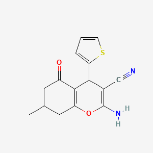molecular formula C15H14N2O2S B2428352 2-amino-7-methyl-5-oxo-4-(2-thienyl)-5,6,7,8-tetrahydro-4H-chromene-3-carbonitrile CAS No. 331856-86-1