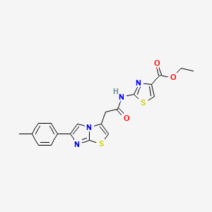 molecular formula C20H18N4O3S2 B2428357 Ethyl 2-(2-(6-(p-tolyl)imidazo[2,1-b]thiazol-3-yl)acetamido)thiazole-4-carboxylate CAS No. 1226438-10-3