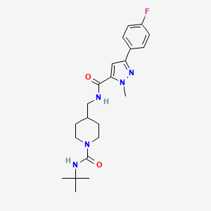 molecular formula C22H30FN5O2 B2428377 N-(tert-butyl)-4-((3-(4-fluorophenyl)-1-methyl-1H-pyrazole-5-carboxamido)methyl)piperidine-1-carboxamide CAS No. 1396869-47-8