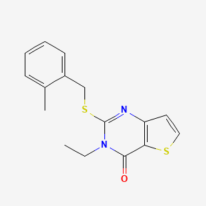 molecular formula C16H16N2OS2 B2428796 3-ethyl-2-[(2-methylbenzyl)sulfanyl]thieno[3,2-d]pyrimidin-4(3H)-one CAS No. 1326832-43-2