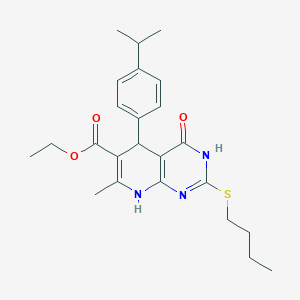molecular formula C24H31N3O3S B2428915 ethyl 2-(butylsulfanyl)-7-methyl-4-oxo-5-[4-(propan-2-yl)phenyl]-3H,4H,5H,8H-pyrido[2,3-d]pyrimidine-6-carboxylate CAS No. 923164-82-3