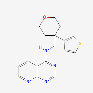 B2429035 N-[(4-Thiophen-3-yloxan-4-yl)methyl]pyrido[2,3-d]pyrimidin-4-amine CAS No. 2379996-23-1