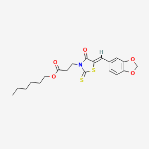 molecular formula C20H23NO5S2 B2429672 (Z)-hexyl 3-(5-(benzo[d][1,3]dioxol-5-ylmethylene)-4-oxo-2-thioxothiazolidin-3-yl)propanoate CAS No. 394238-60-9