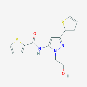 molecular formula C14H13N3O2S2 B2429676 N-(1-(2-hydroxyethyl)-3-(thiophen-2-yl)-1H-pyrazol-5-yl)thiophene-2-carboxamide CAS No. 1219903-89-5