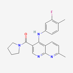 molecular formula C21H21FN4O B2430103 N-(3-fluoro-4-methylphenyl)-7-methyl-3-(pyrrolidine-1-carbonyl)-1,8-naphthyridin-4-amine CAS No. 1251688-86-4