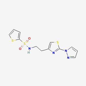 molecular formula C12H12N4O2S3 B2430124 N-(2-(2-(1H-pyrazol-1-yl)thiazol-4-yl)ethyl)thiophene-2-sulfonamide CAS No. 1428371-23-6