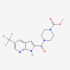 molecular formula C15H15F3N4O3 B2430137 methyl 4-[5-(trifluoromethyl)-1H-pyrrolo[2,3-b]pyridine-2-carbonyl]piperazine-1-carboxylate CAS No. 2058453-51-1