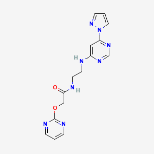 molecular formula C15H16N8O2 B2430257 N-(2-((6-(1H-pyrazol-1-yl)pyrimidin-4-yl)amino)ethyl)-2-(pyrimidin-2-yloxy)acetamide CAS No. 1251686-18-6