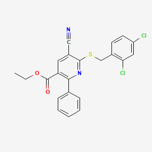 molecular formula C22H16Cl2N2O2S B2430260 Ethyl 5-cyano-6-((2,4-dichlorobenzyl)sulfanyl)-2-phenylnicotinate CAS No. 306980-11-0