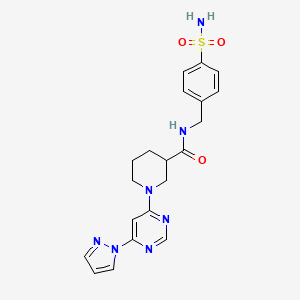 molecular formula C20H23N7O3S B2430440 1-(6-(1H-pyrazol-1-yl)pyrimidin-4-yl)-N-(4-sulfamoylbenzyl)piperidine-3-carboxamide CAS No. 1334372-77-8