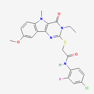 molecular formula C22H20ClFN4O3S B2430471 N-(4-chloro-2-fluorophenyl)-2-({3-ethyl-8-methoxy-5-methyl-4-oxo-3H,4H,5H-pyrimido[5,4-b]indol-2-yl}sulfanyl)acetamide CAS No. 1112301-26-4