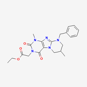 molecular formula C21H25N5O4 B2430484 ethyl 2-(9-benzyl-1,7-dimethyl-2,4-dioxo-1,2,6,7,8,9-hexahydropyrimido[2,1-f]purin-3(4H)-yl)acetate CAS No. 877616-17-6