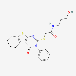 molecular formula C21H23N3O3S2 B2431215 N-(3-hydroxypropyl)-2-({3-oxo-4-phenyl-8-thia-4,6-diazatricyclo[7.4.0.0^{2,7}]trideca-1(9),2(7),5-trien-5-yl}sulfanyl)acetamide CAS No. 325693-66-1