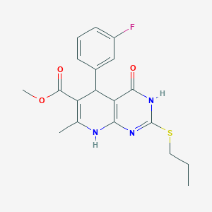 molecular formula C19H20FN3O3S B2431236 methyl 5-(3-fluorophenyl)-7-methyl-4-oxo-2-(propylsulfanyl)-3H,4H,5H,8H-pyrido[2,3-d]pyrimidine-6-carboxylate CAS No. 923744-97-2