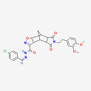 molecular formula C28H27ClN4O6 B2431317 N'-[(4-chlorophenyl)methylene]-10-(3,4-dimethoxyphenethyl)-9,11-dioxo-3-oxa-4,10-diazatetracyclo[5.5.1.0~2,6~.0~8,12~]tridec-4-ene-5-carbohydrazide CAS No. 321392-05-6