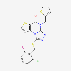 molecular formula C19H12ClFN4OS3 B2431380 1-((2-chloro-6-fluorobenzyl)thio)-4-(thiophen-2-ylmethyl)thieno[2,3-e][1,2,4]triazolo[4,3-a]pyrimidin-5(4H)-one CAS No. 1223757-24-1
