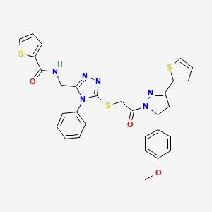 molecular formula C30H26N6O3S3 B2431398 N-((5-((2-(5-(4-methoxyphenyl)-3-(thiophen-2-yl)-4,5-dihydro-1H-pyrazol-1-yl)-2-oxoethyl)thio)-4-phenyl-4H-1,2,4-triazol-3-yl)methyl)thiophene-2-carboxamide CAS No. 362507-53-7