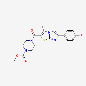 molecular formula C20H21FN4O3S B2431903 Ethyl 4-[6-(4-fluorophenyl)-3-methylimidazo[2,1-b][1,3]thiazole-2-carbonyl]piperazine-1-carboxylate 