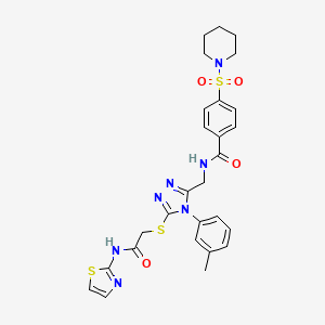 molecular formula C27H29N7O4S3 B2432079 N-{[4-(3-METHYLPHENYL)-5-({[(1,3-THIAZOL-2-YL)CARBAMOYL]METHYL}SULFANYL)-4H-1,2,4-TRIAZOL-3-YL]METHYL}-4-(PIPERIDINE-1-SULFONYL)BENZAMIDE CAS No. 310449-65-1