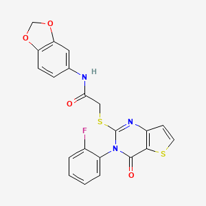 molecular formula C21H14FN3O4S2 B2432114 N-(1,3-benzodioxol-5-yl)-2-{[3-(2-fluorophenyl)-4-oxo-3,4-dihydrothieno[3,2-d]pyrimidin-2-yl]sulfanyl}acetamide CAS No. 1260994-97-5