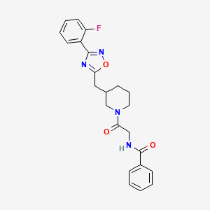 molecular formula C23H23FN4O3 B2432117 N-(2-(3-((3-(2-fluorophenyl)-1,2,4-oxadiazol-5-yl)methyl)piperidin-1-yl)-2-oxoethyl)benzamide CAS No. 1705212-41-4