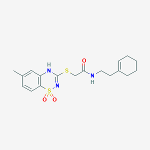 molecular formula C18H23N3O3S2 B2432683 N-(2-cyclohex-1-en-1-ylethyl)-2-[(6-methyl-1,1-dioxido-4H-1,2,4-benzothiadiazin-3-yl)thio]acetamide CAS No. 896707-31-6