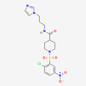 molecular formula C18H22ClN5O5S B2432693 n-(3-(1h-Imidazol-1-yl)propyl)-1-((2-chloro-5-nitrophenyl)sulfonyl)piperidine-4-carboxamide CAS No. 326025-86-9