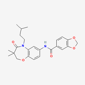 molecular formula C24H28N2O5 B2432750 N-(5-isopentyl-3,3-dimethyl-4-oxo-2,3,4,5-tetrahydrobenzo[b][1,4]oxazepin-7-yl)benzo[d][1,3]dioxole-5-carboxamide CAS No. 921817-90-5