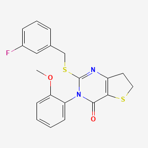molecular formula C20H17FN2O2S2 B2432830 2-((3-fluorobenzyl)thio)-3-(2-methoxyphenyl)-6,7-dihydrothieno[3,2-d]pyrimidin-4(3H)-one CAS No. 686772-29-2
