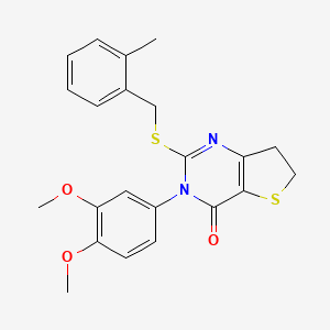 molecular formula C22H22N2O3S2 B2432841 3-(3,4-二甲氧基苯基)-2-((2-甲基苯基)硫)-6,7-二氢噻吩[3,2-d]嘧啶-4(3H)-酮 CAS No. 877656-20-7