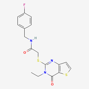 molecular formula C17H16FN3O2S2 B2432995 2-({3-ethyl-4-oxo-3H,4H-thieno[3,2-d]pyrimidin-2-yl}sulfanyl)-N-[(4-fluorophenyl)methyl]acetamide CAS No. 1252864-00-8