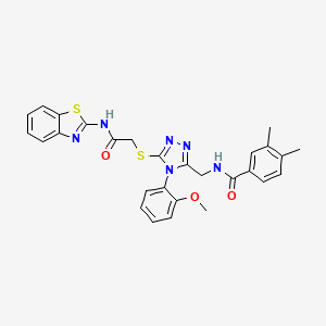 molecular formula C28H26N6O3S2 B2433213 N-((5-((2-(benzo[d]thiazol-2-ylamino)-2-oxoethyl)thio)-4-(2-methoxyphenyl)-4H-1,2,4-triazol-3-yl)methyl)-3,4-dimethylbenzamide CAS No. 391939-78-9