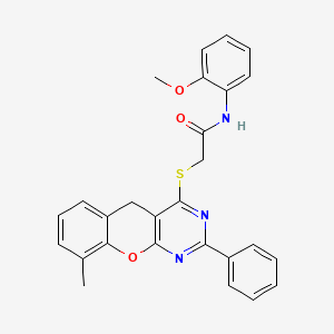 molecular formula C27H23N3O3S B2434040 N-(2-Methoxyphenyl)-2-({9-methyl-2-phenyl-5H-chromeno[2,3-D]pyrimidin-4-YL}sulfanyl)acetamide CAS No. 866871-22-9