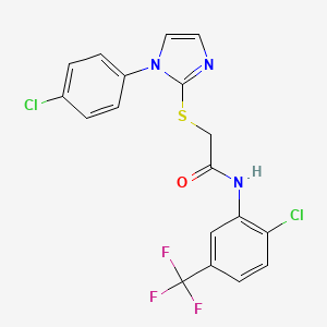 molecular formula C18H12Cl2F3N3OS B2434376 N-[2-chloro-5-(trifluoromethyl)phenyl]-2-{[1-(4-chlorophenyl)-1H-imidazol-2-yl]sulfanyl}acetamide CAS No. 688337-06-6