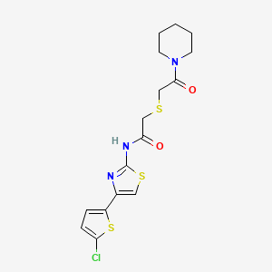 molecular formula C16H18ClN3O2S3 B2434489 N-[4-(5-chlorothiophen-2-yl)-1,3-thiazol-2-yl]-2-{[2-oxo-2-(piperidin-1-yl)ethyl]sulfanyl}acetamide CAS No. 681224-87-3