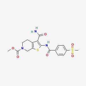 molecular formula C18H19N3O6S2 B2434538 methyl 3-carbamoyl-2-(4-(methylsulfonyl)benzamido)-4,5-dihydrothieno[2,3-c]pyridine-6(7H)-carboxylate CAS No. 886955-32-4