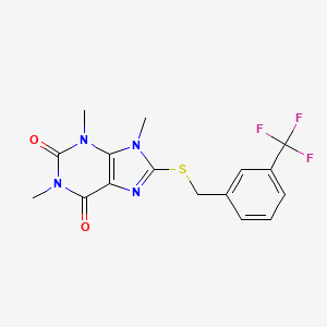 molecular formula C16H15F3N4O2S B2434652 1,3,9-trimethyl-8-({[3-(trifluoromethyl)phenyl]methyl}sulfanyl)-2,3,6,9-tetrahydro-1H-purine-2,6-dione CAS No. 897453-59-7