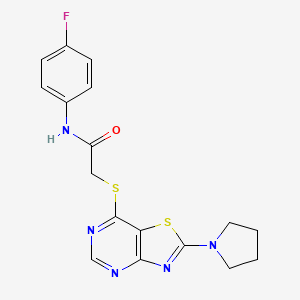 molecular formula C17H16FN5OS2 B2435016 N-(4-fluorophenyl)-2-{[2-(pyrrolidin-1-yl)-[1,3]thiazolo[4,5-d]pyrimidin-7-yl]sulfanyl}acetamide CAS No. 1189496-87-4