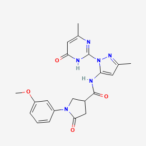 molecular formula C21H22N6O4 B2435372 1-(3-methoxyphenyl)-N-(3-methyl-1-(4-methyl-6-oxo-1,6-dihydropyrimidin-2-yl)-1H-pyrazol-5-yl)-5-oxopyrrolidine-3-carboxamide CAS No. 1019096-24-2