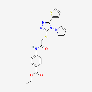 molecular formula C21H19N5O3S2 B2435482 ethyl 4-(2-{[4-(1H-pyrrol-1-yl)-5-(thiophen-2-yl)-4H-1,2,4-triazol-3-yl]sulfanyl}acetamido)benzoate CAS No. 886939-13-5
