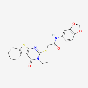 molecular formula C21H21N3O4S2 B2435488 N-(1,3-benzodioxol-5-yl)-2-[(3-ethyl-4-oxo-3,4,5,6,7,8-hexahydro[1]benzothieno[2,3-d]pyrimidin-2-yl)sulfanyl]acetamide CAS No. 503432-54-0