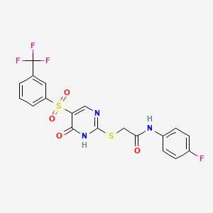 molecular formula C19H13F4N3O4S2 B2435559 N-(4-fluorophenyl)-2-((6-oxo-5-((3-(trifluoromethyl)phenyl)sulfonyl)-1,6-dihydropyrimidin-2-yl)thio)acetamide CAS No. 946236-63-1
